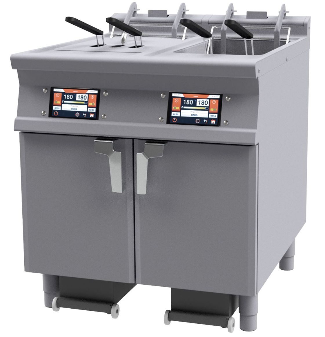 Digitale elektrische Friteuse 2 Becken 25+25 lt. Öl-Filterung und Heber. Struktur aus rostfreiem Stahl. Abmessungen 80x90 h90 cm. Modell F2/25-98ETDPS Image
