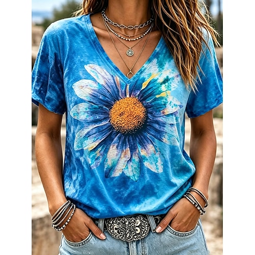 Damen T Shirt Druck Blumen Grafik Stilvoll Klassisch Lässig Kurzarm V Ausschnitt Normale Oberteile Lässig Täglich Blau Purpur Orange Sommer Frühling Image