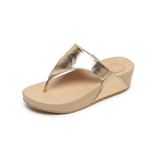 Metallic-goldene Plateau-Flip-Flops für Damen – bequeme Zehentrenner mit Keilabsatz und gepolstertem Fußbett, leichte Sommersandalen für Urlaub, Strand und Alltag Image