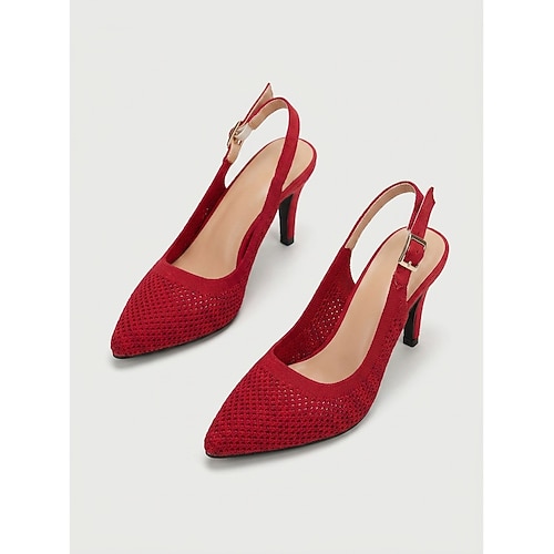 Die bequemen, smaragdgrünen Strick-Slingback-Pumps von omen – atmungsaktive Mesh-Pumps mit spitzer Zehenpartie und verstellbarem Riemen für den lässigen Alltag. Büroarbeit Image