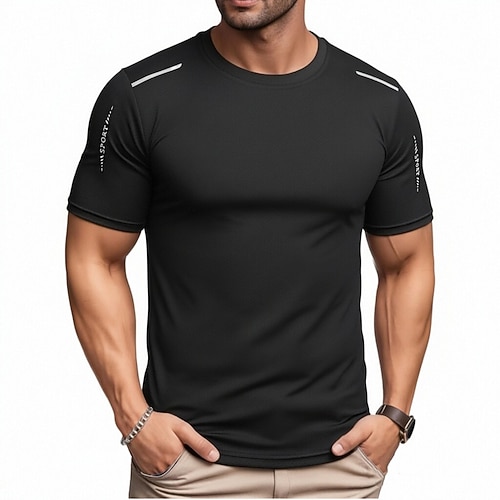 Herren T Shirt Kurzarm Rundhalsausschnitt Sommer Einfarbig Sport Alltagstauglich Schnelltrocknend reflektierende Streifen Lässig Athleisure Schwarz Weiß Grün Top T-Shirt für Herren Image