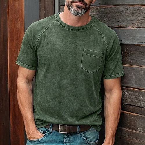 Herren Baumwoll-T-Shirt Gewaschenes Hemd T-Shirt Kurzarm Rundhalsausschnitt Sommer Frühling Ganzjahres Einfarbig Einfach Retro Vintage Betrübt Tasche Stückgefärbt Gewaschen Lässig Urlaub Straße Image