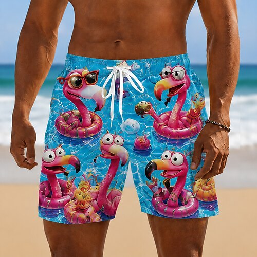 Herren Flamingo Kokospalme Tropische Pflanzen Badehosen Badeanzüge Badeshorts Boardshorts Mittlere Taille Hawaiianisch Täglich Strandurlaub Seitentaschen Netzfutter Elastischer Kordelzug in der Taille Image