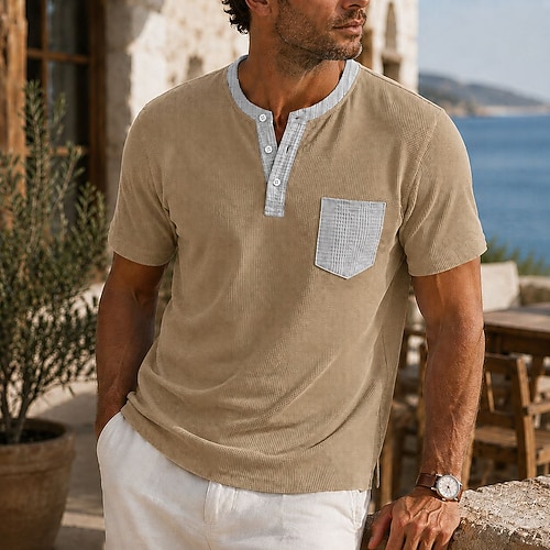 Herren Waffel-Henley-Hemd Kurzarm Einfarbig Elegant Urlaub Lässig Farbblock Henley-Kragen Lässig Frühling Sommer Sommer Frühling Khaki Schwarz Weiß Henley T-Shirt Image