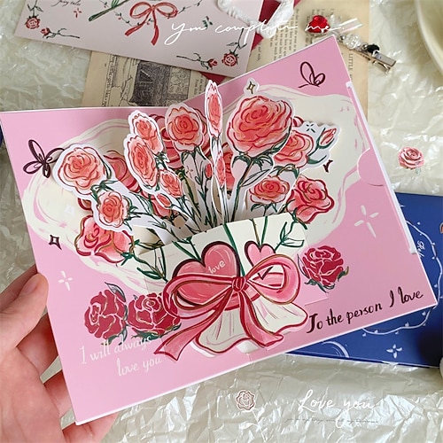3D-Rosen-Pop-up-Karte, romantische Grußkarte mit Rosenstrauß für sie, Ehefrau, Freundin, Mutter – handgefertigte Blumenkarte zum Muttertag, Valentinstag, Jahrestag, Geburtstag, Hochzeit, Image