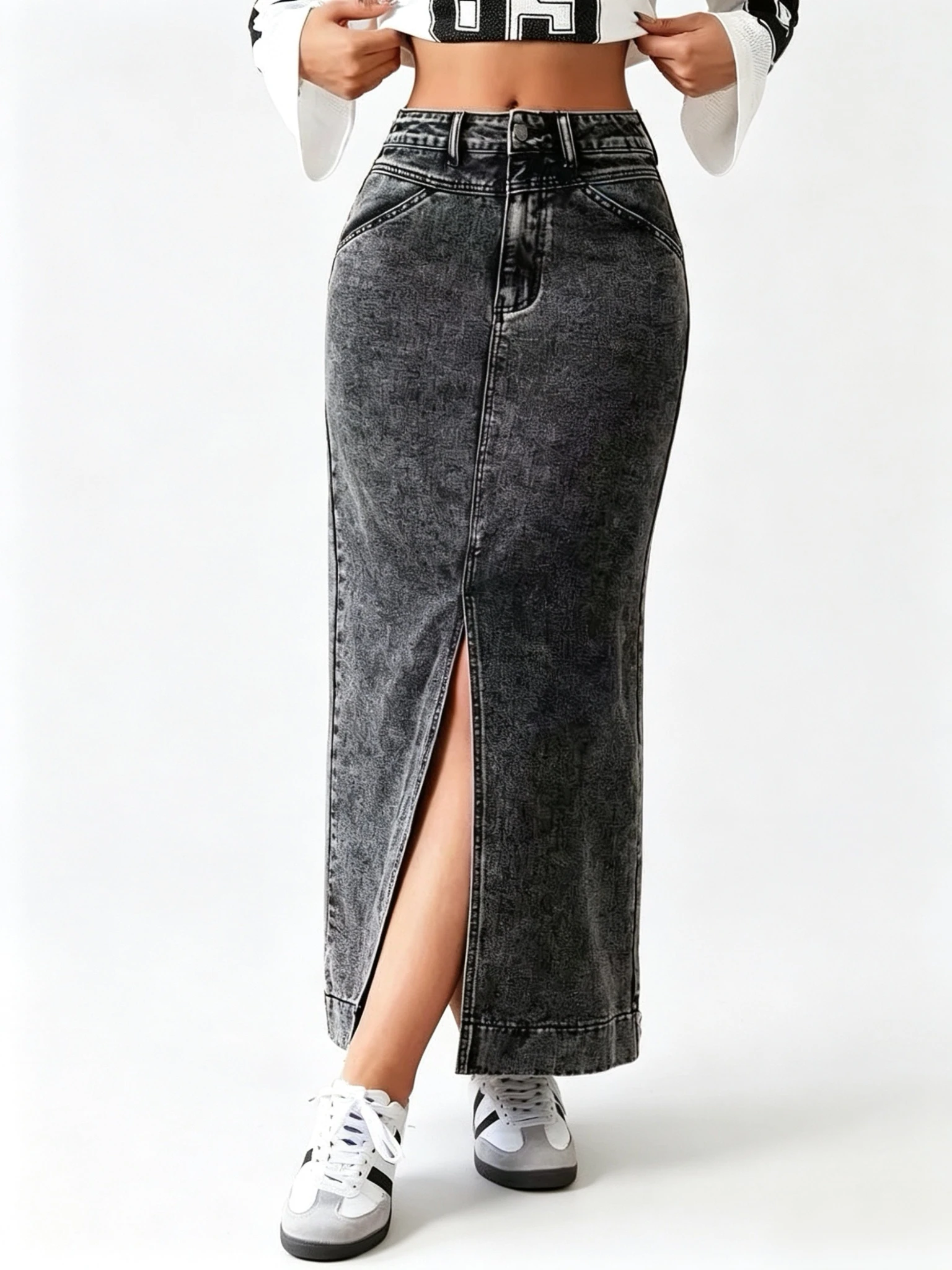 Grauer Damen-Jeansrock mit hoher Taille und Frontschlitz, mittellanger Bleistiftrock Image