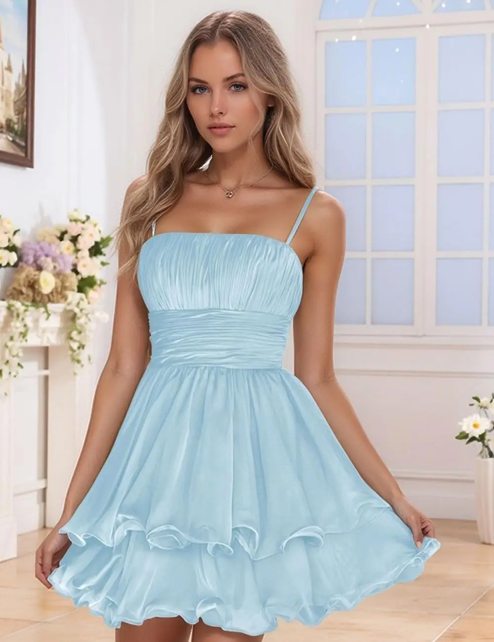 Kurze Homecoming-Kleider für Damen 2026 Rüschen-Quadratausschnitt Brautjungfernkleid Mini-Ballkleid Chiffon-Cocktailkleid Abschlussballkleid Image