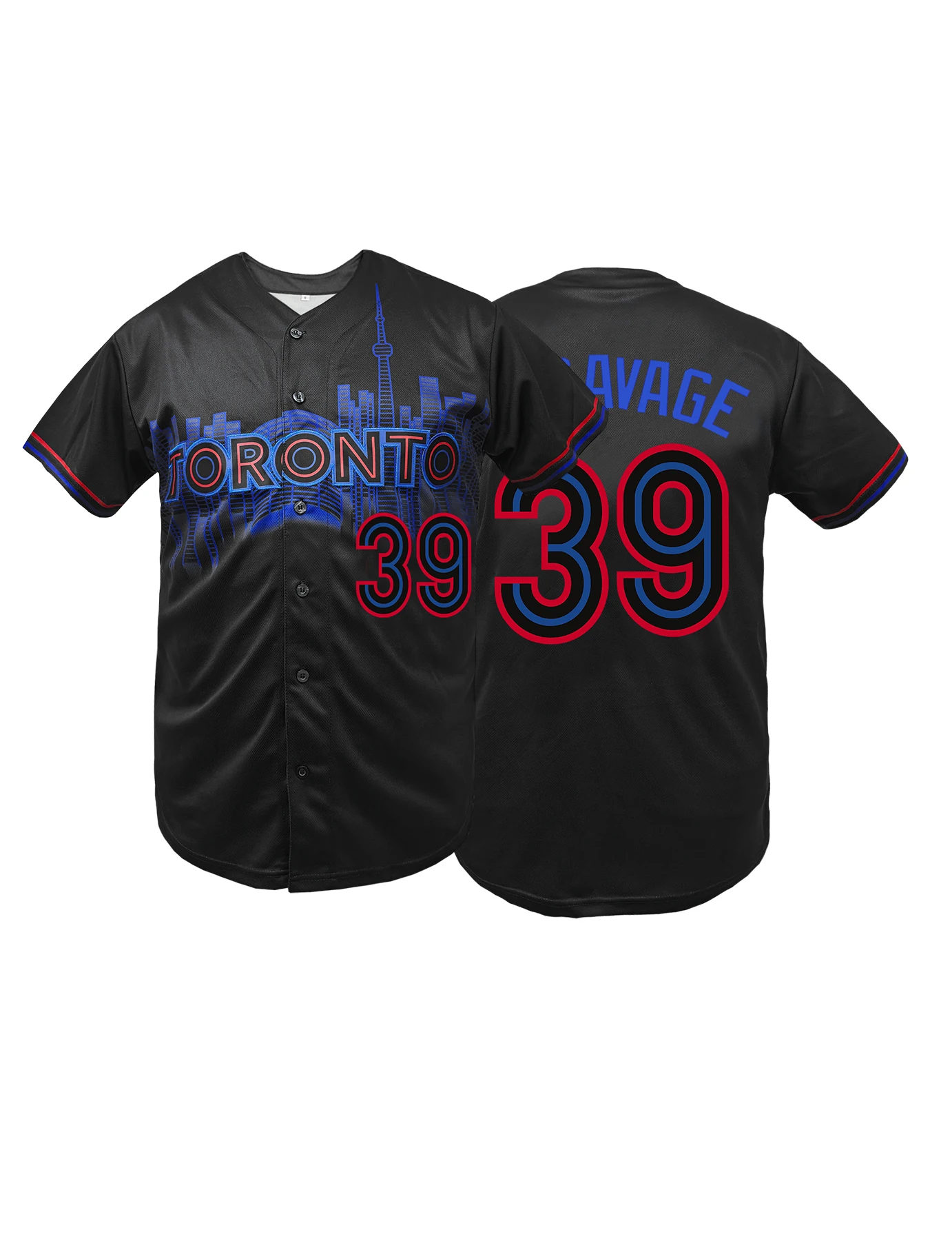 Herren-Team Toronto in Schwarz # 39 besticktes Baseball-Trikot, kurzärmelig, mit Knöpfen, Hip-Hop-Streetwear, lässiges Alltags- und Party-Shirt, Unisex