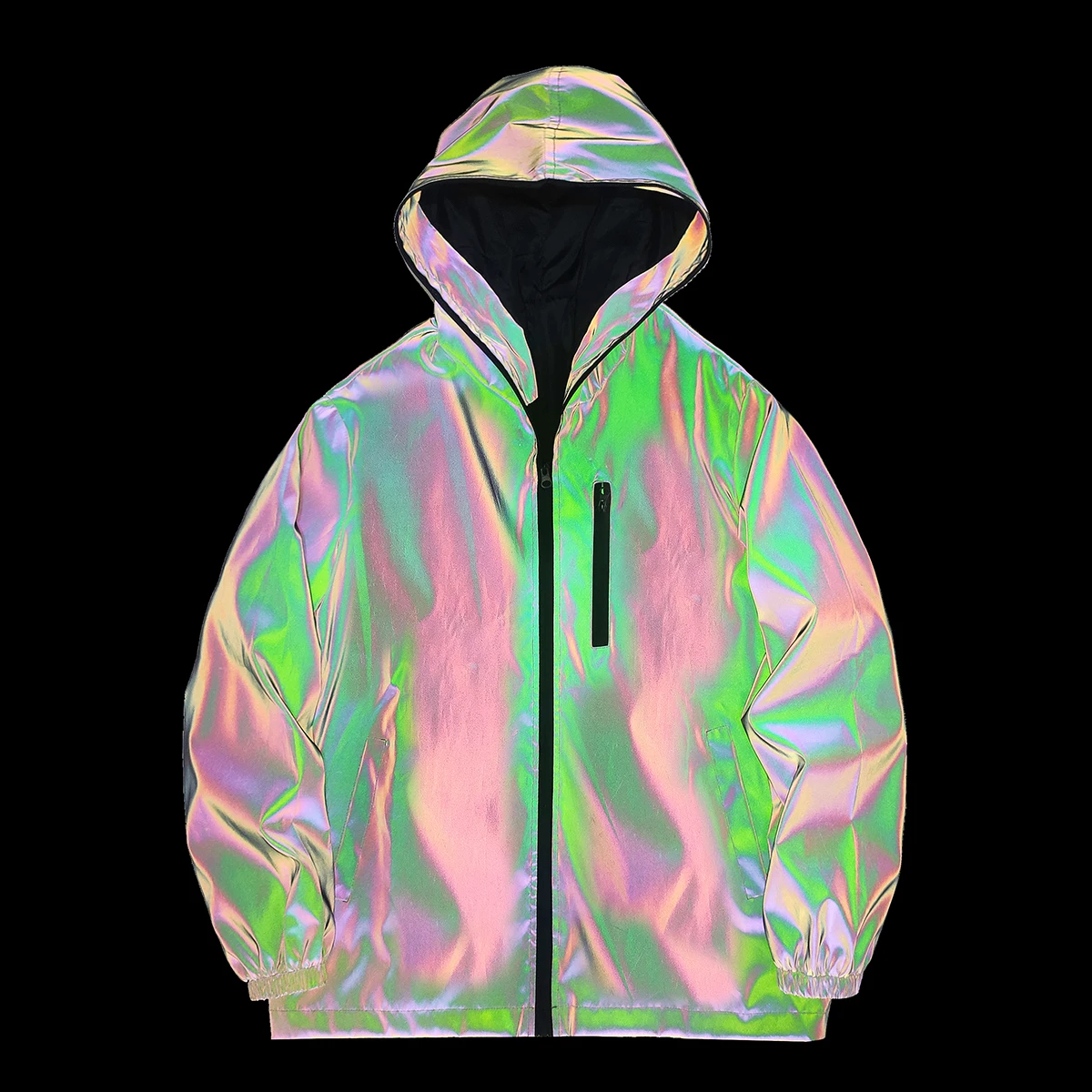 Bunte reflektierende Jacke Männer Frau Mode Outdoor mit Kapuze winddicht Sicherheit Radfahren Jogger Mäntel Hip Hop Performance Streetwear