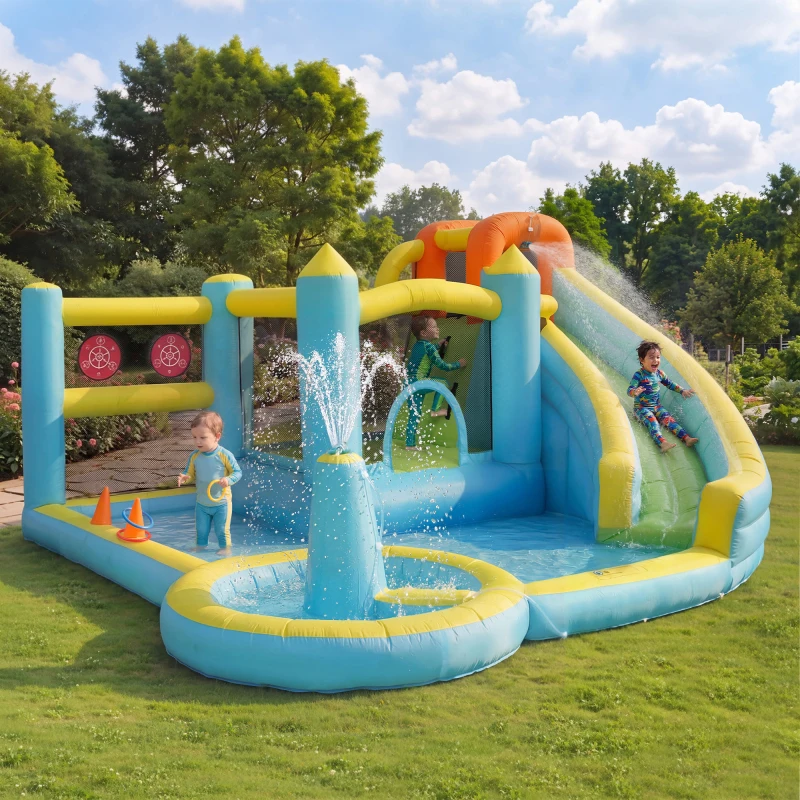 Kinder-Hüpfburg Wasserpark Wasserrutsche Pool Aufblasbare Wasserspielburg Kinder Outdoor Garten Wasserspielplatz, mit Gebläse Image