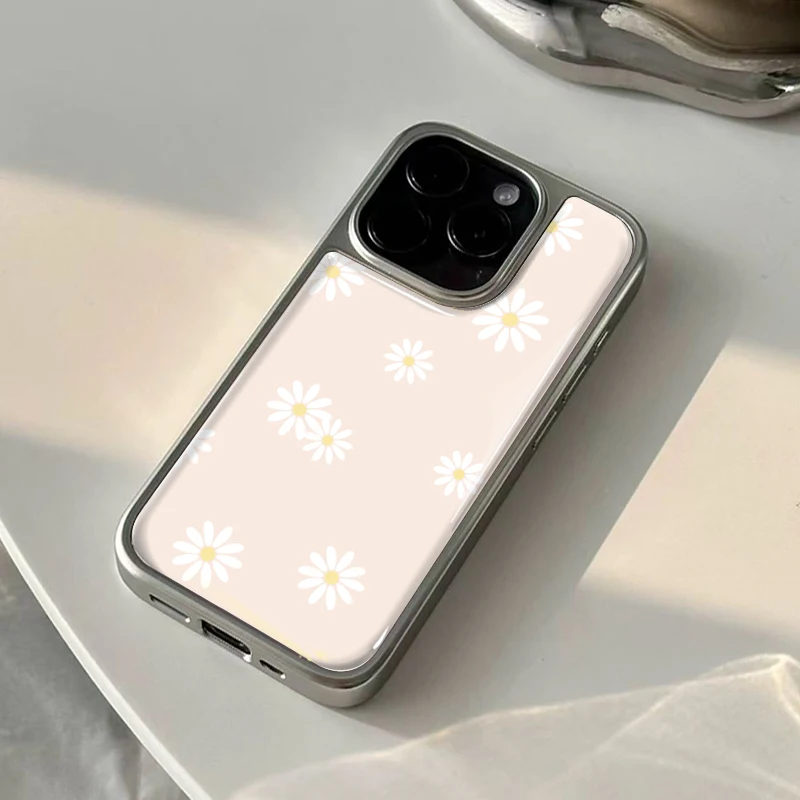 Ins Innocent Little Gänseblümchen druckt Hydrogel-Rückplatte, silberne Rand-stoßfeste Handyhülle für iPhone 17, 16, 15, 14 Pro Max Image