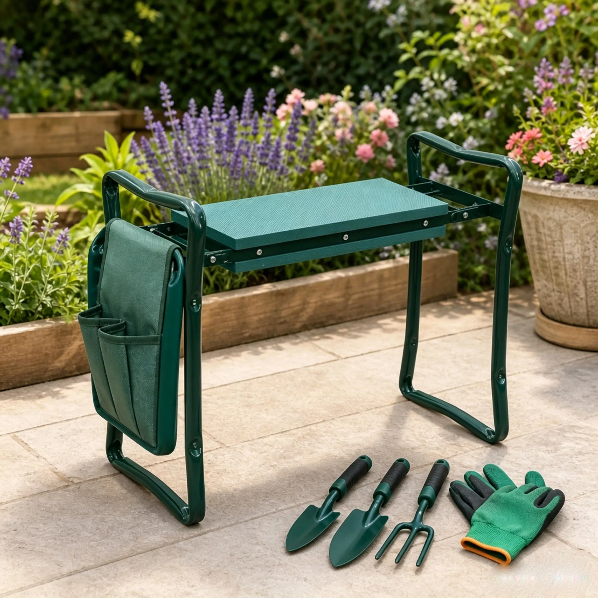 Tabouret de jardinage réglable antidérapant en fer, genouillère ergonomique carrée avec pochette à outils, stable et sûr pour le jardinage et les travaux de jardin
