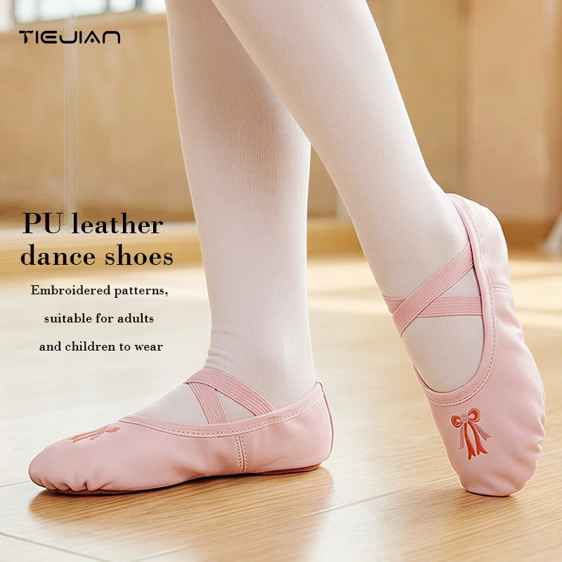 Tanzschuhe, bestickte PU-Lederschuhe für Kinder und Erwachsene, rosa Ballettschuhe mit weicher Sohle für Körperübungen