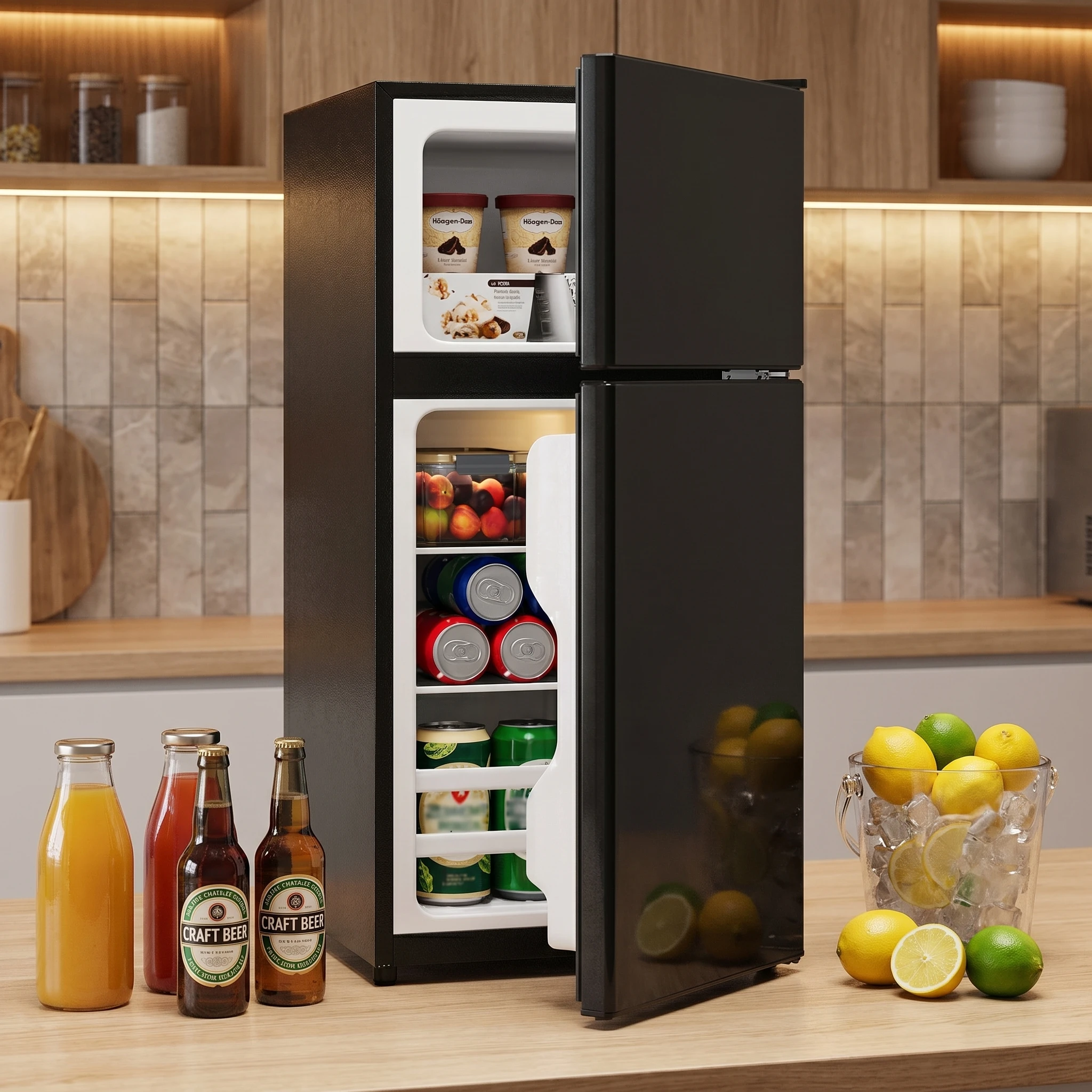 Mini-réfrigérateur congélateur, réfrigérateur à boissons 60L avec porte vitrée et LED, mini-réfrigérateur silencieux 45 dB avec congélateur, mini-réfrigérateur autonome pour cuisine, bureau, salon,