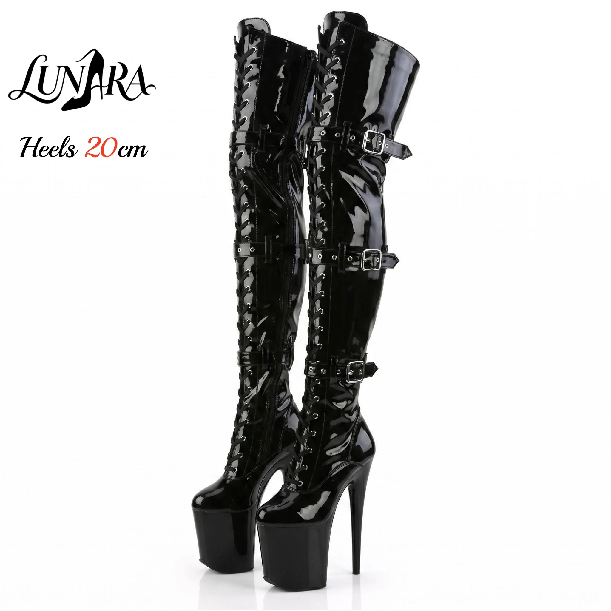 20cm Schwarze Gothic Overknee-Plateau-Stiefel mit Stiletto-Absatz und Schnalle, Pole-Dance-Schuhe in Übergröße, Sexy Exotische Nachtclub-Bühnenstiefel