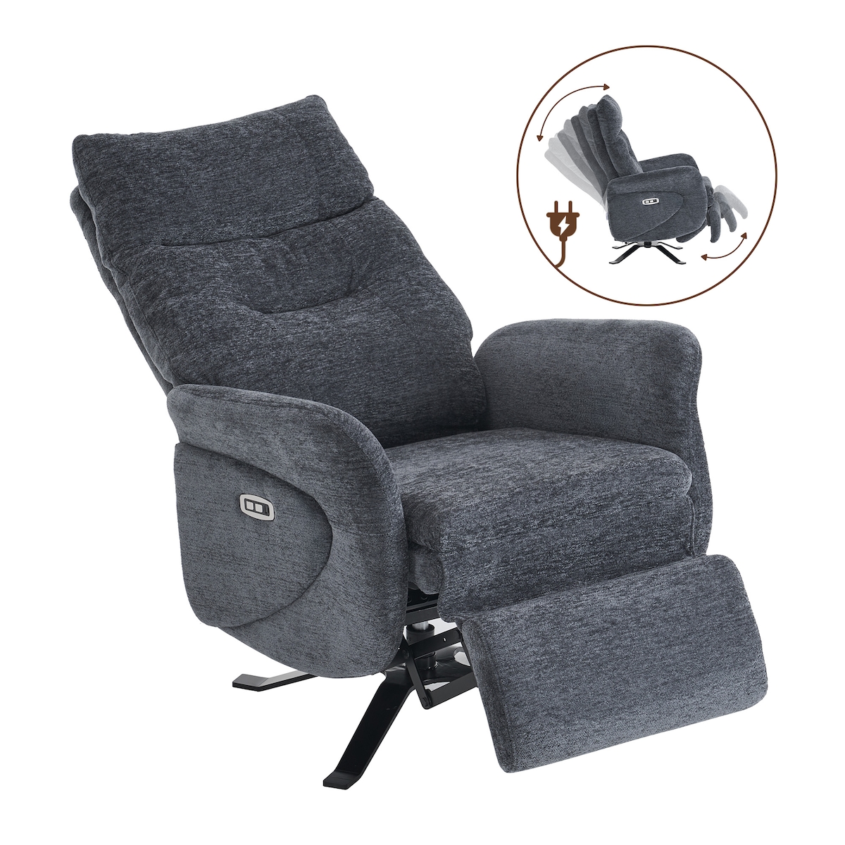 Home Nature Wohnkonzept Elektrischer Relaxsessel TV Sessel mit Fußstütze verstellbare Rückenlehne Chenille Dunkelgrau Designfuß Schwarz Image