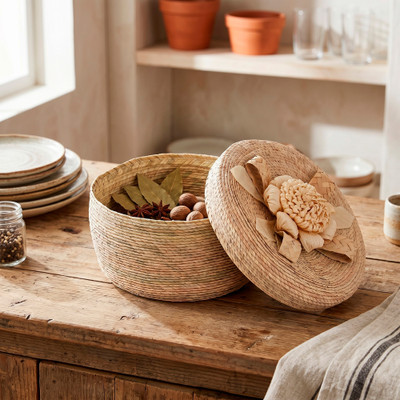 Natural Blossom,'Handwoven Natural Fiber Tortilla Warmer with Floral Accent'