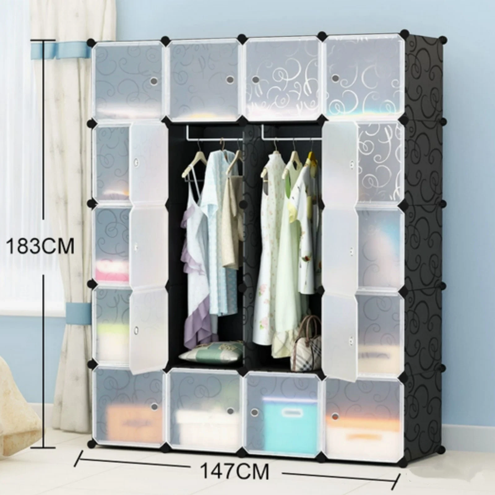 Kleiderschrank, 20-Würfel-Kleiderschrank mit 2 Kleiderstangen, faltbarer Kleiderschrank mit Tür, für Schlafzimmer, Kleidung, Schuhe, Spielzeug