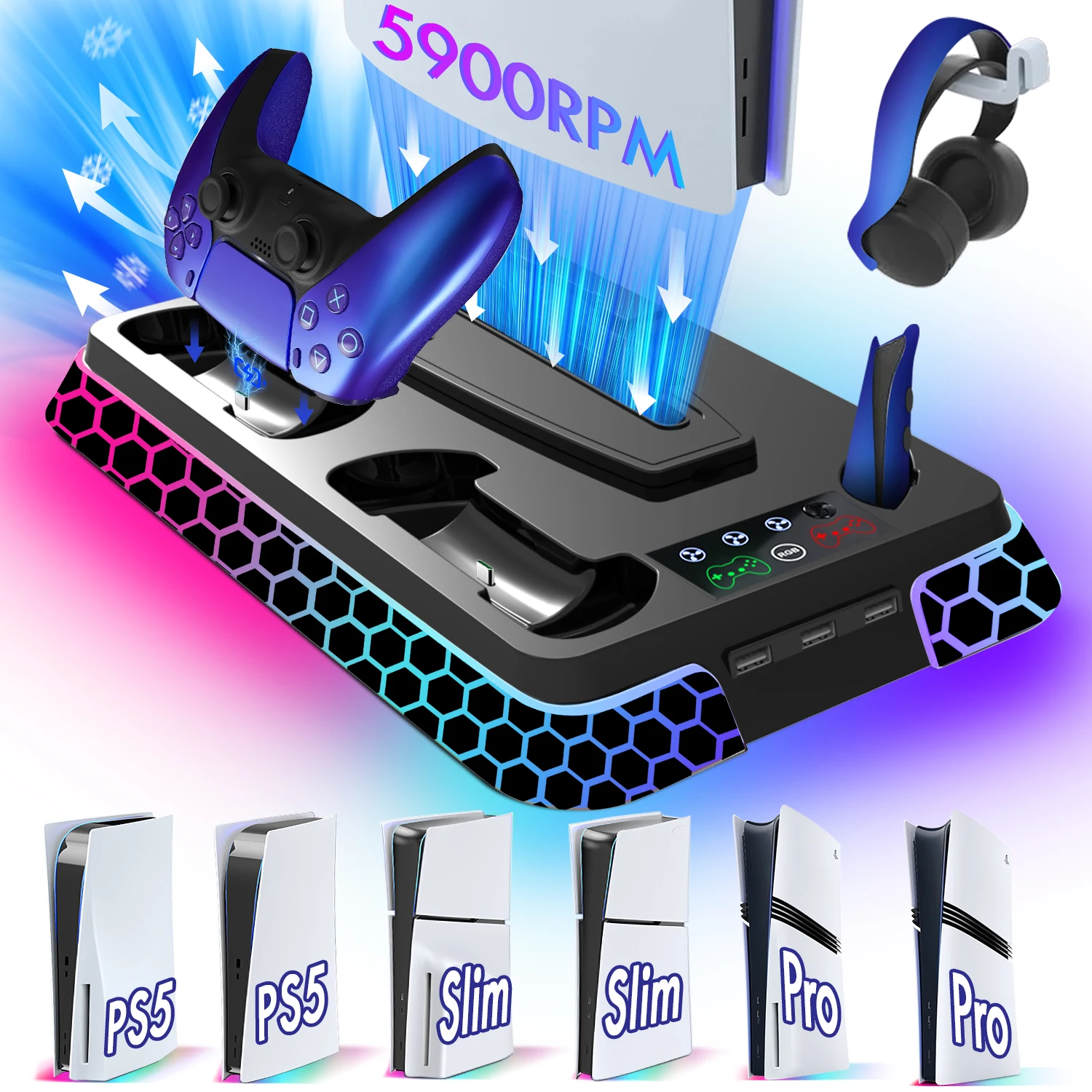 All-in-One-Kühlständerbasis für PS5/PS5 Slim/PS5 Pro, Modell: YH66S mit RGB-Lichteffekten, Speicherfunktion und Controller Image