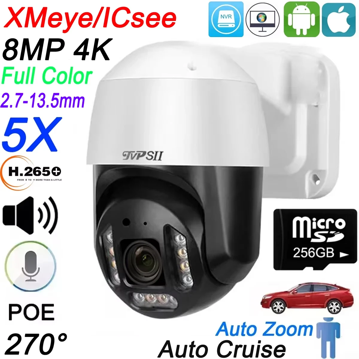 Xmeye ICsee Gesichtserkennung Auto Cruise Vollfarbe H.265+ 8MP 4K 5X Zoom Audio Rotation POE PTZ Speed Dome Überwachung IP Kamera Image