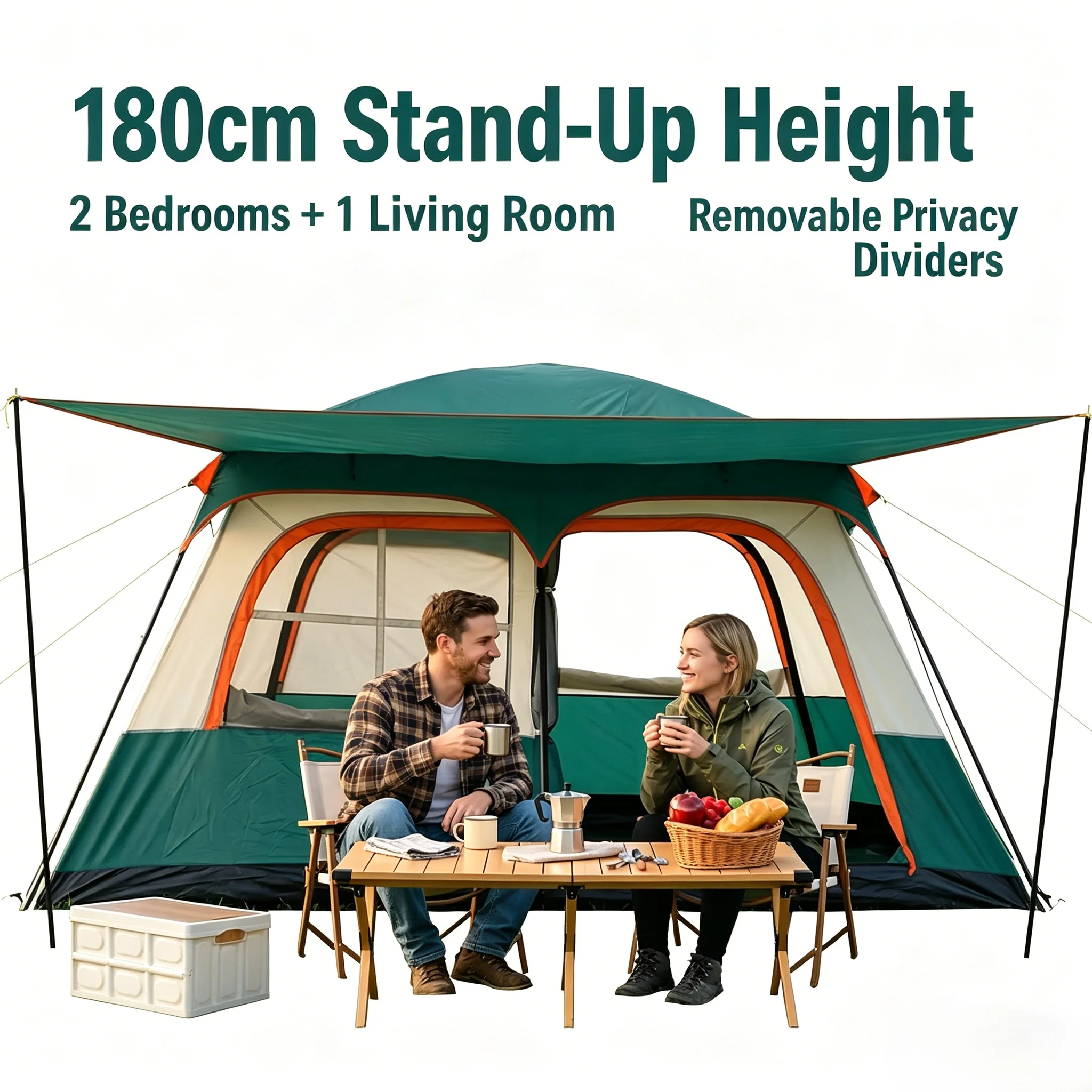 2-Zimmer Familien-Campingzelt mit Zentralem Wohnbereich 180cm Standhöhe Wasserdicht für 4-6 Personen mit Tragetasche Image