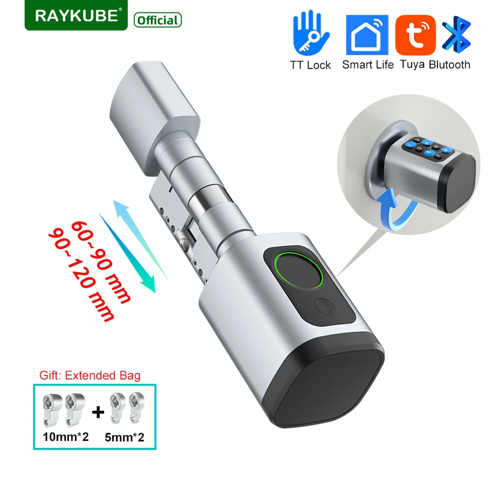 RAYKUBE V1 Einstellbares TT-Schloss/Tuya Bluetooth Smart Fingerabdruck-Digitalzylinderschloss mit APP/Passwort/RFID-Karte/Schlüssel entsperren Image
