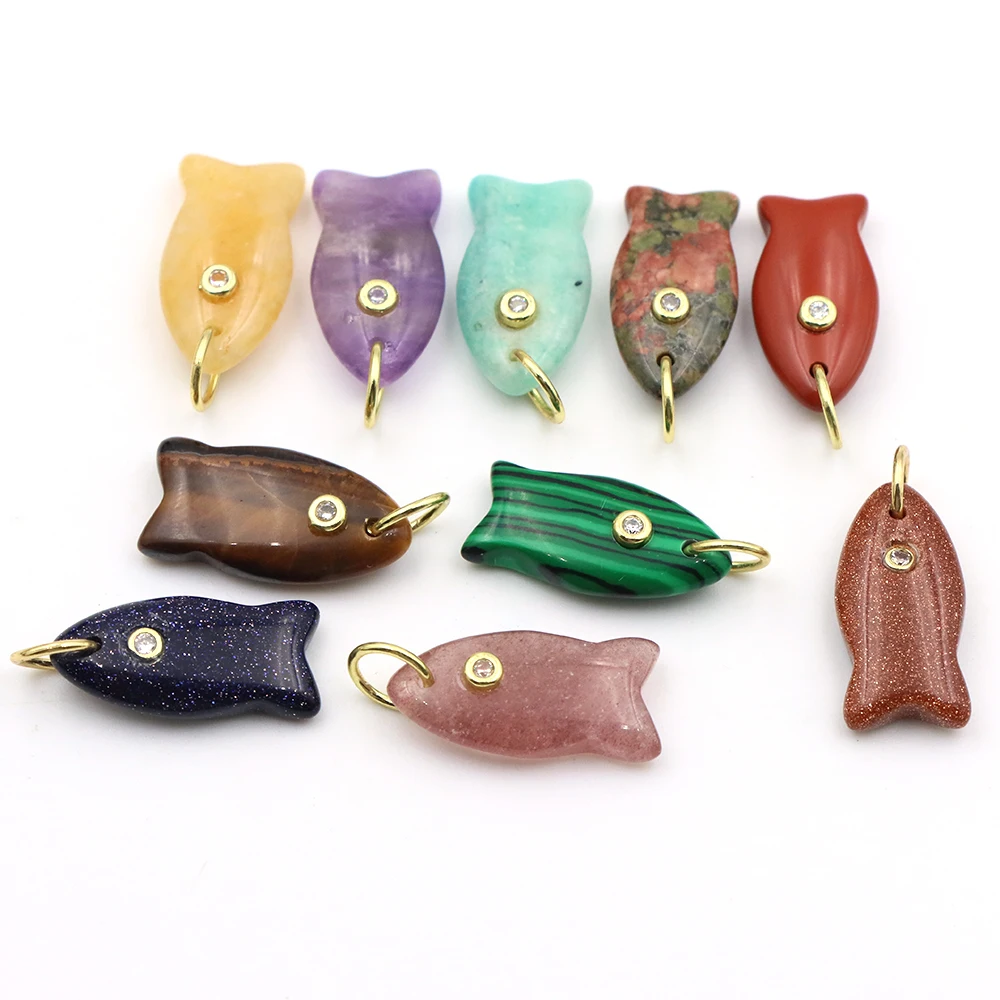 25mm Naturstein-Anhänger in Fischform mit Weißem Zirkon für DIY-Schmuckherstellung, Charm für Halsketten, Armbänder, Ohrringe und Accessoires Image