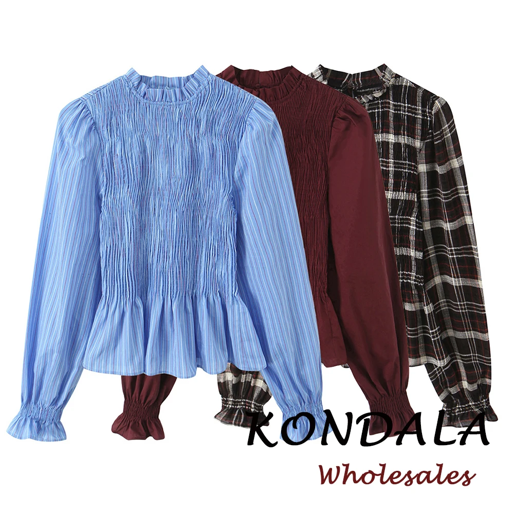 KONDALA Lässige Mode 2026 Karierte Frühlingsbluse für Damen, Schicke Falten-Bluse, Lässiger Basic-Pullover, Drapierte Hemden, Vintage Damen-Bluse Image