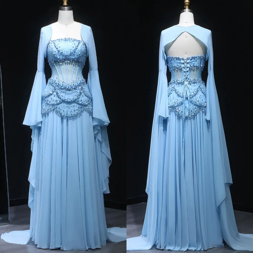 Customized Chinese Style Chiffon Sequined Pleat A-line Scalloped Long Dresses Bespoke Occasion Intricate