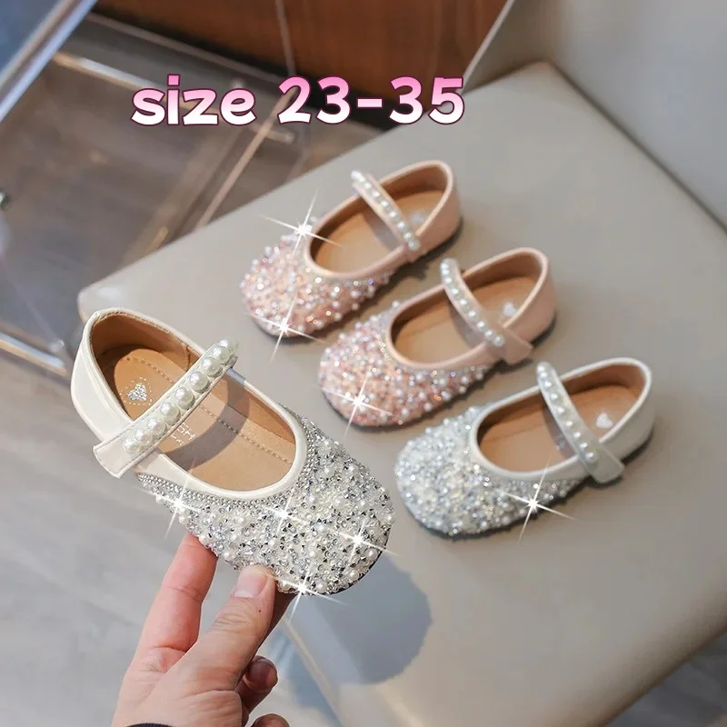 Frühlings-Herbst-Prinzessinnen-Ballerinas für kleine Mädchen, Lederschuhe mit Perlen- und Strassverzierung, weiche Sohle, bequeme Kinderschuhe