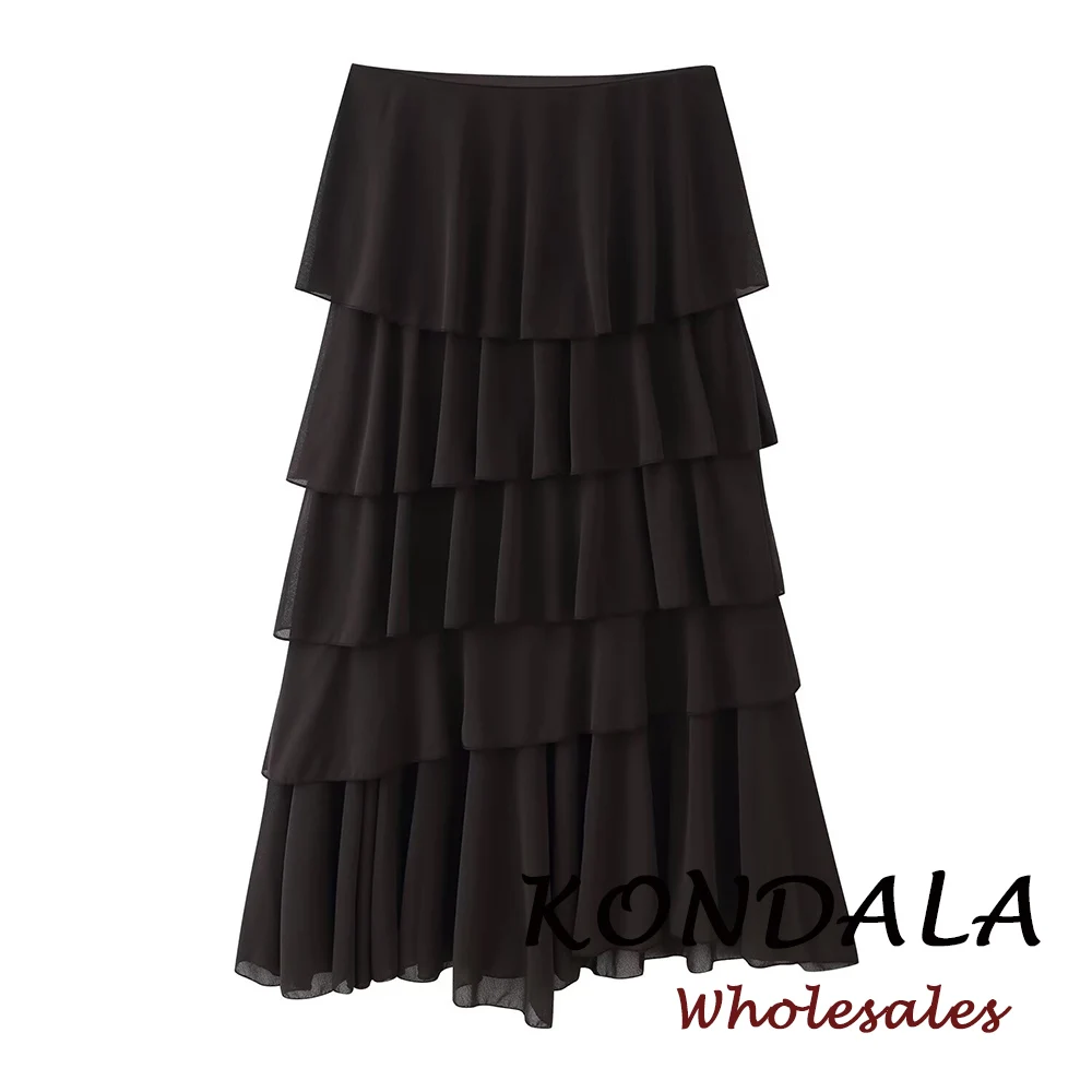 KONDALA Vintage Mehrlagiger Brauner Party- und Pendlerrock Moderner High-Street Langer Rock Elegante Streetwear Mode 2026 Frühling Damenrock