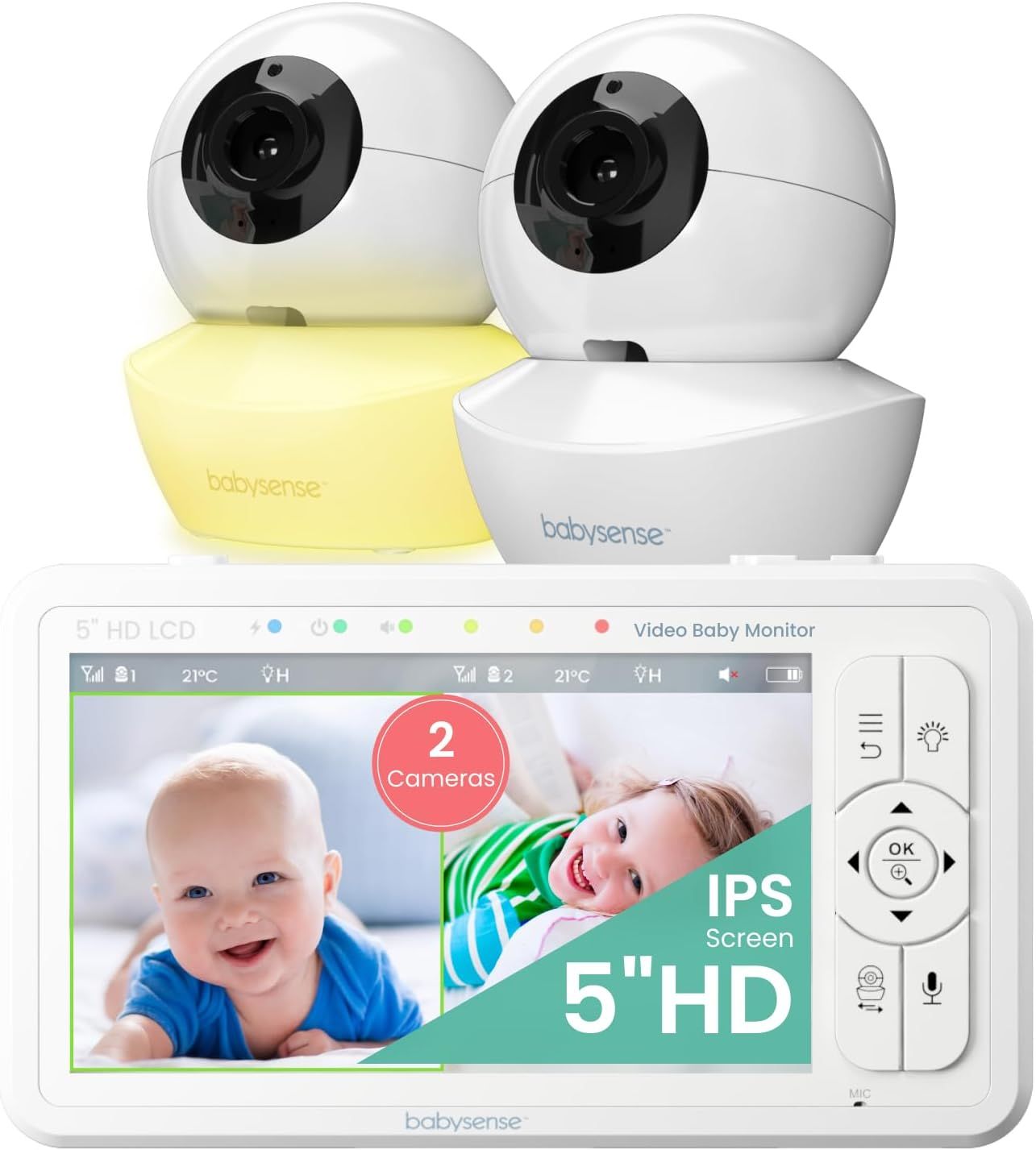 Baby monitor HD da 5 pollici con 2 telecamere Babysense 1 St