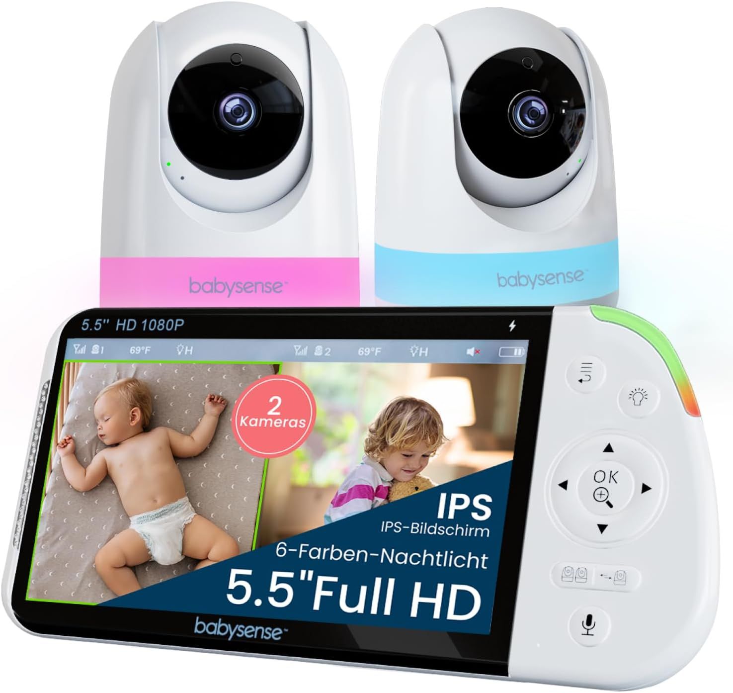 Baby monitor Full HD con schermo diviso e 2 telecamere Babysense 1 St