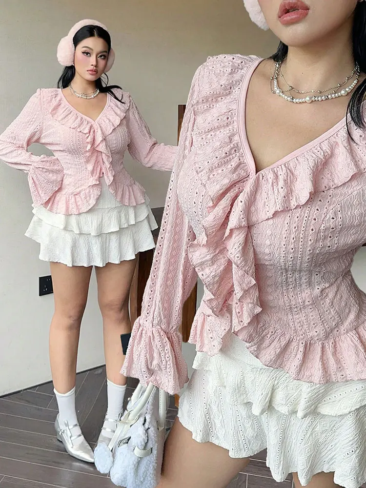 Neue elegante Rüschen Plus Größe Shirt Top mit Rüschen Rand unregelmäßigen Saum Slim Fit Tops Kpop Allgleiches große Größe Frauen Kleidung