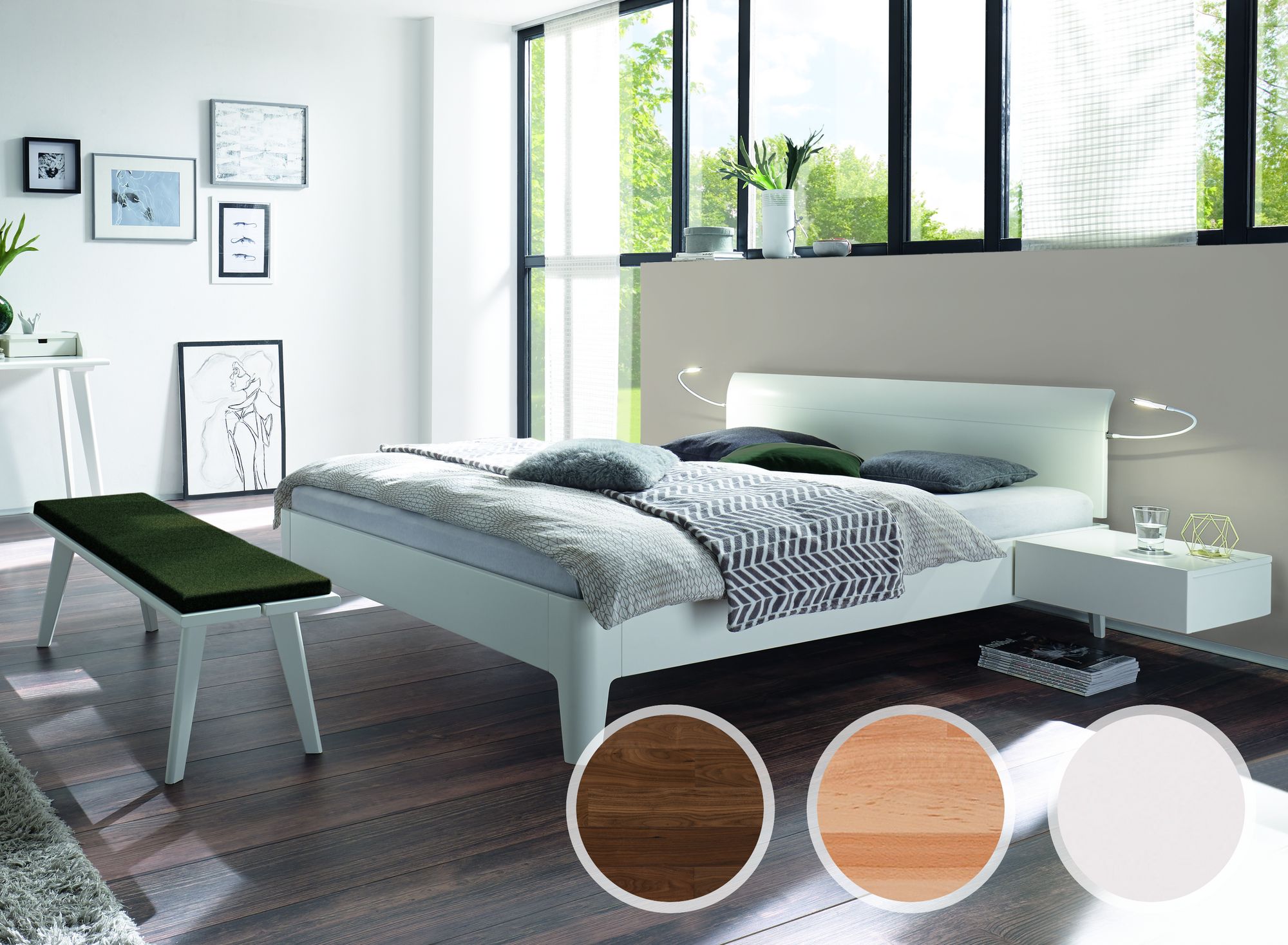 Hasena Fine-Line Designerbett Syma 18 Xylo/Vola 140x190 cm / MDF weiss deckend, lackiert / Kopfteil Buche weiss deckend, lackiert / Füße Nussbaum,