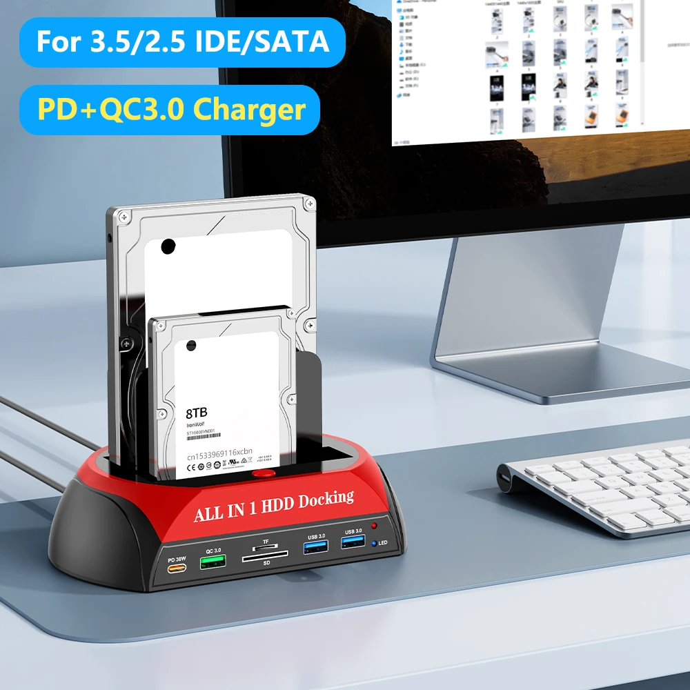 USB3.0 zu 2,5/3,5 Zoll SATA IDE HDD SSD Festplatten- und SD/TF-Kartenleser mit PD QC3.0 Schnellladefunktion und Festplatten-Dockingstation Image