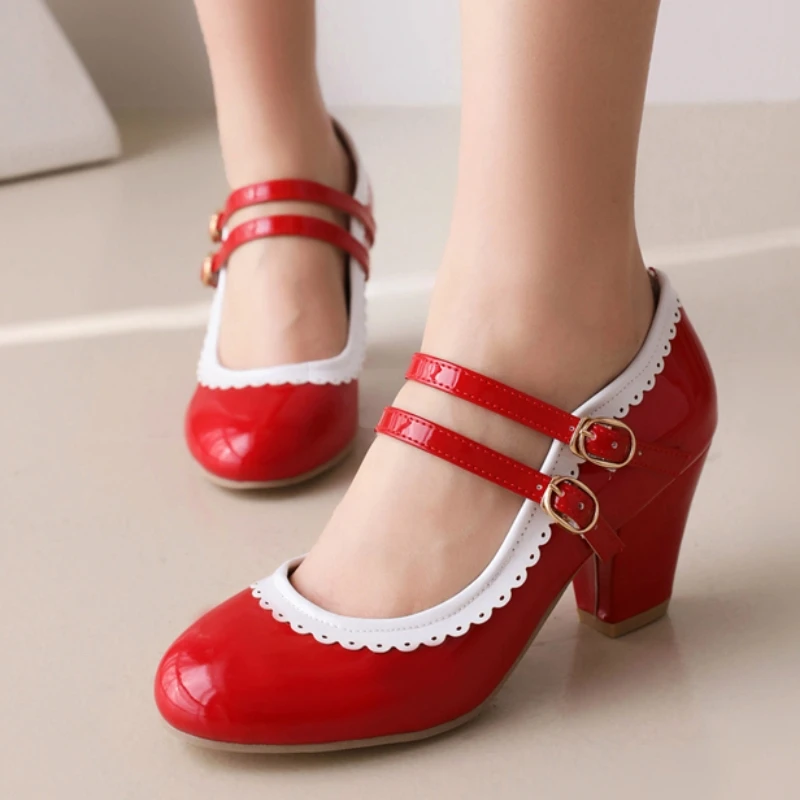 Damen High Heels Mary Janes Schuhe Knöchelriemen Schwarz Blau Rot Weiß Rosa Pumps mit Absatz Party Hochzeitsschuhe Damen Große Größe 48
