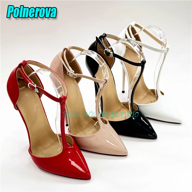 Einfarbige Stiletto-Pumps aus Lackleder mit spitzer Zehenpartie und Knöchelschnalle, 14 cm/16 cm, Super-High-Heels, sexy, elegante Damenschuhe