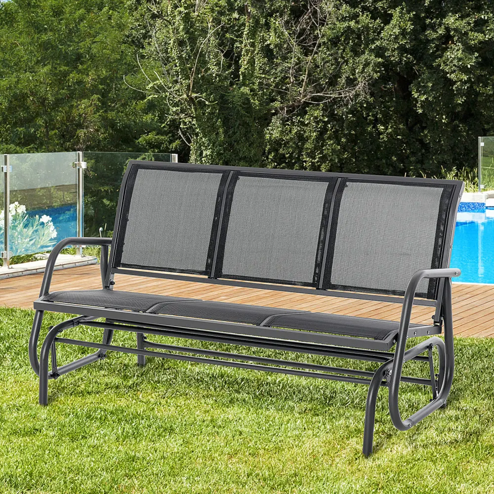 Banc de jardin à bascule 3 places avec mécanisme de balançoire, banc de jardin à bascule en métal, banc de parc, supporte jusqu'à 300 kg, mobilier d'extérieur pour jardin, terrasse, 147 x 70 x 85 cm,