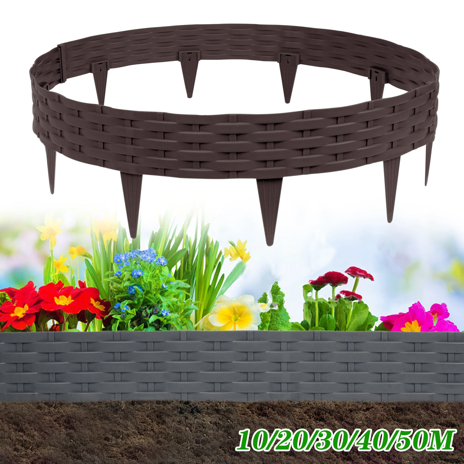 Bordure de jardin 15m, palissade de jardin aspect rotin, bordure de pelouse en plastique avec bord de tonte et rebord de jardin