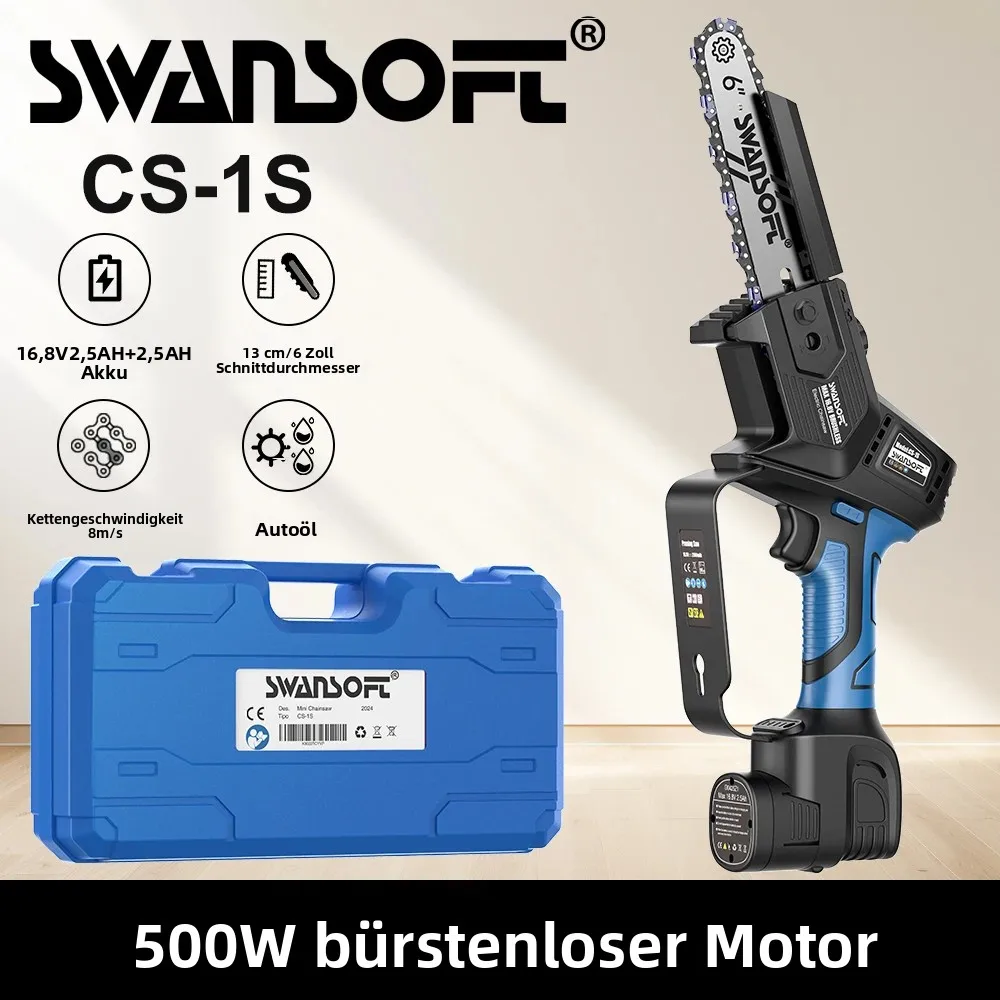 SWANSOFT CS-1S, 13cm/6-Zoll kabellose Mini-Elektrokettensäge, batteriebetrieben, 500W bürstenloser Motor für eine längere Lebensdauer. Image