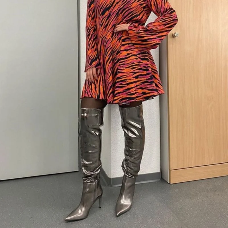 Solide Über Knie Hohe Zipper Stiefel Spitz Dünne High Heel Mode Sexy Kühlen Winter Große Größe 2025, Frau Schuhe Zapatillas Mujer