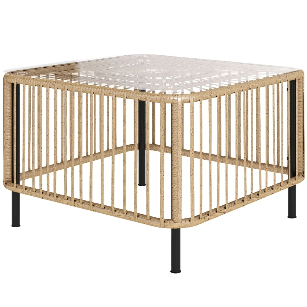 Table de jardin en polyrotin, 65 x 65 x 43 cm, table d'appoint résistante aux intempéries, table de patio carrée avec plateau en verre, table basse, table de balcon, mobilier de jardin pour jardin,
