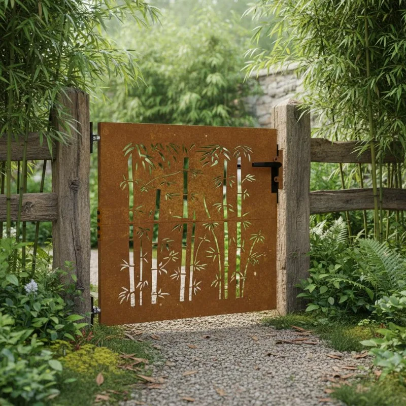 Gartenportail 85x75 cm aus Cortenstahl im Bambusdesign, geeignet für moderne Höfe und Gärten. Image