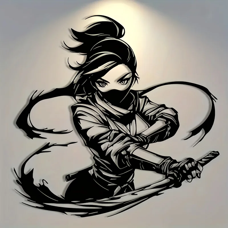 2D Flache 1-teilige Ninja-Frau Metall-Wandkunst, Minimalistische Silhouette Wanddekoration für Innen und Außen Image