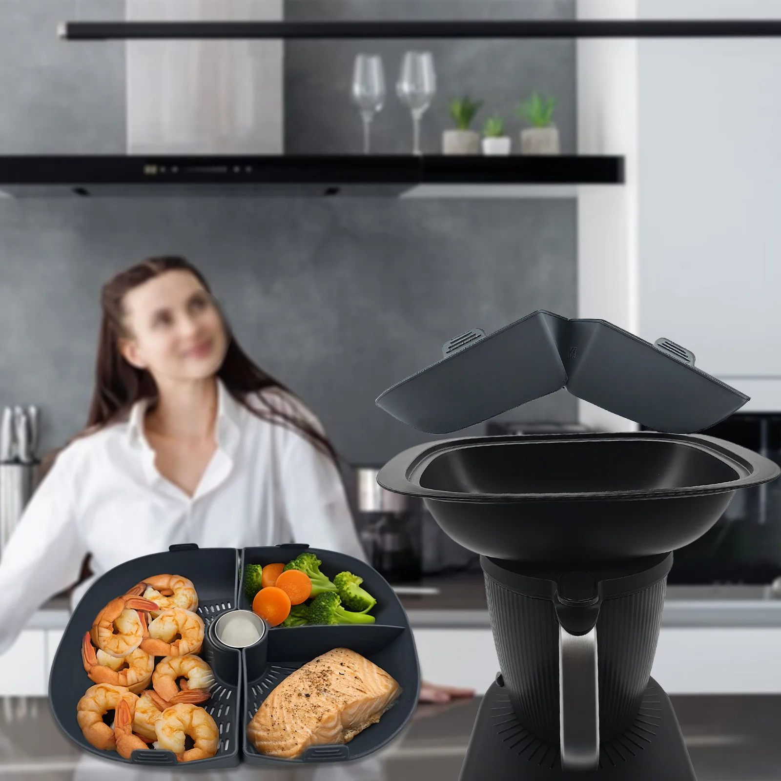 Für Thermomix TM7 Silikongitter, Dampftablett, Trennkorb und Dampfrohr, mehrstufiges Kochsystem für gleichzeitige Mahlzeiten Image