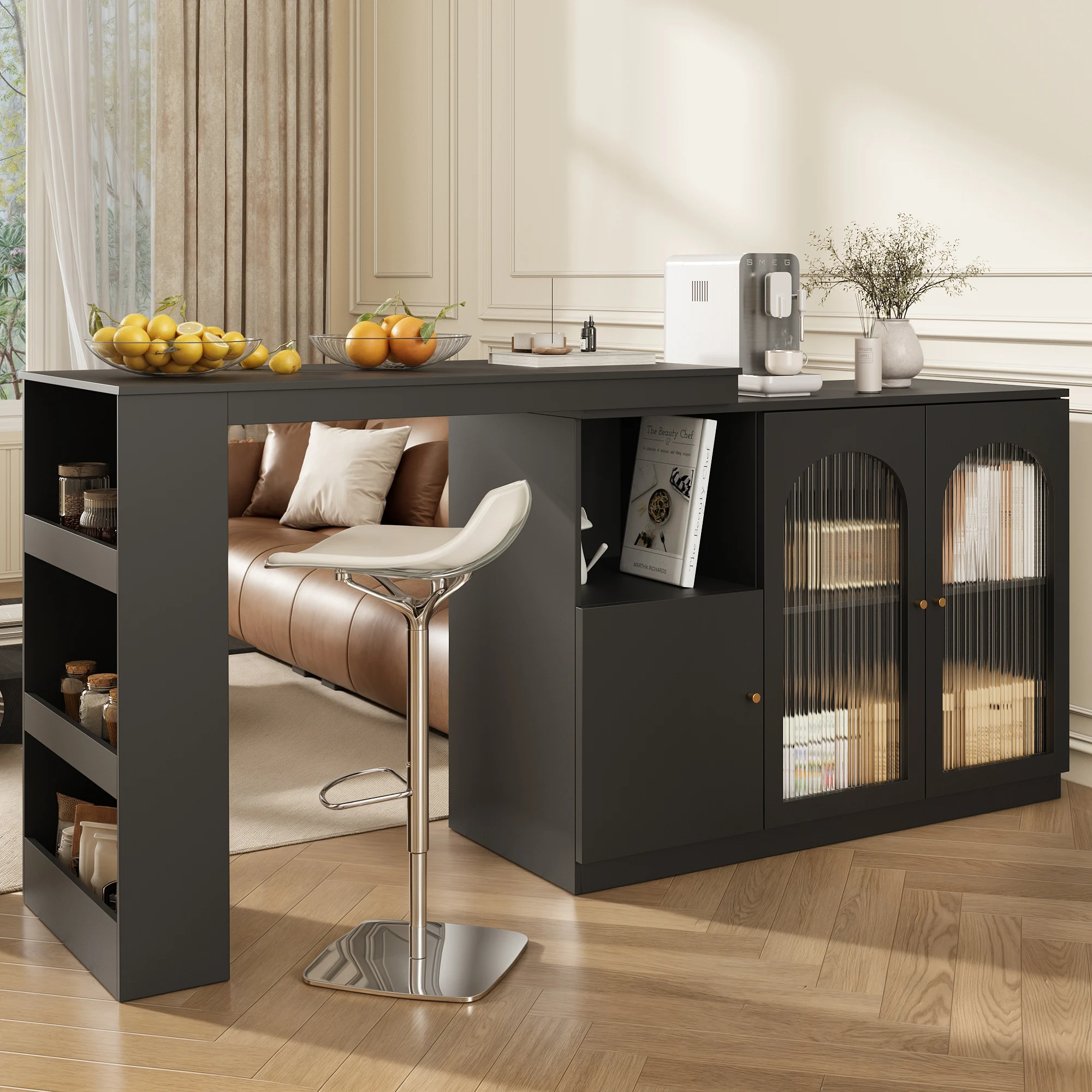 360 ° Drehbarer Ess- und Barschrank, drehbarer Bartisch (120 x 40 x 97 cm), multifunktionaler Aufbewahrungsschrank mit Glastür ﻿