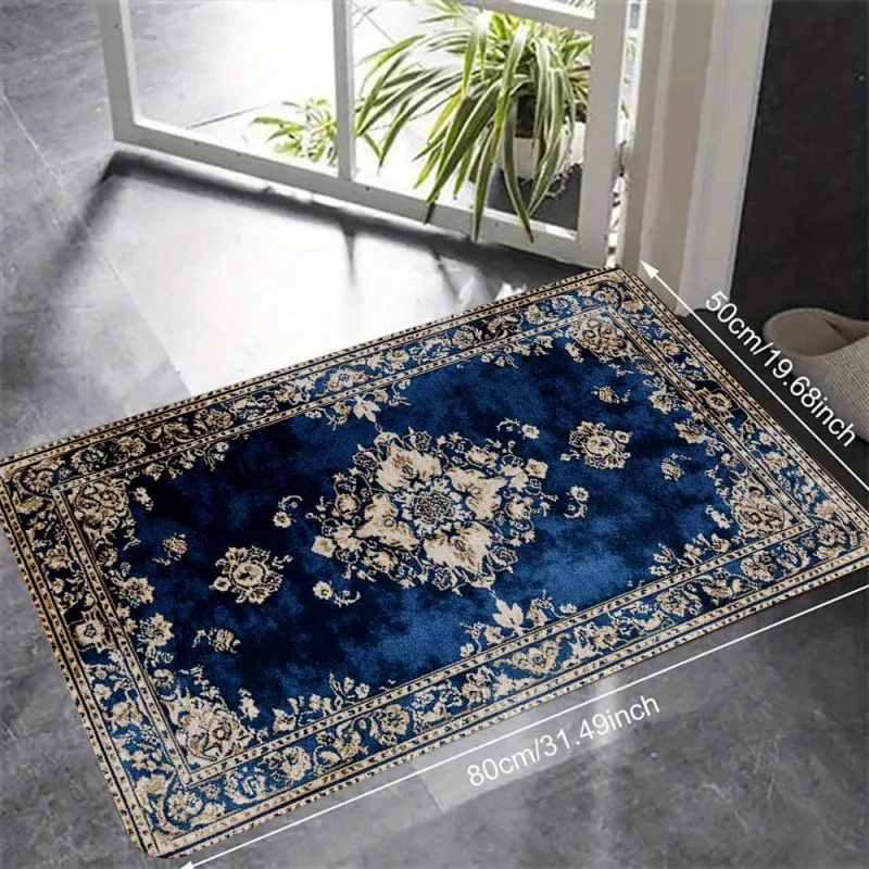 VIKAMA Vintage Bohemian Blue Print Bodenmatte, für Eingangsbereich und Flur, rutschfester und schmutzabweisender Heimdekorations-Teppich Image