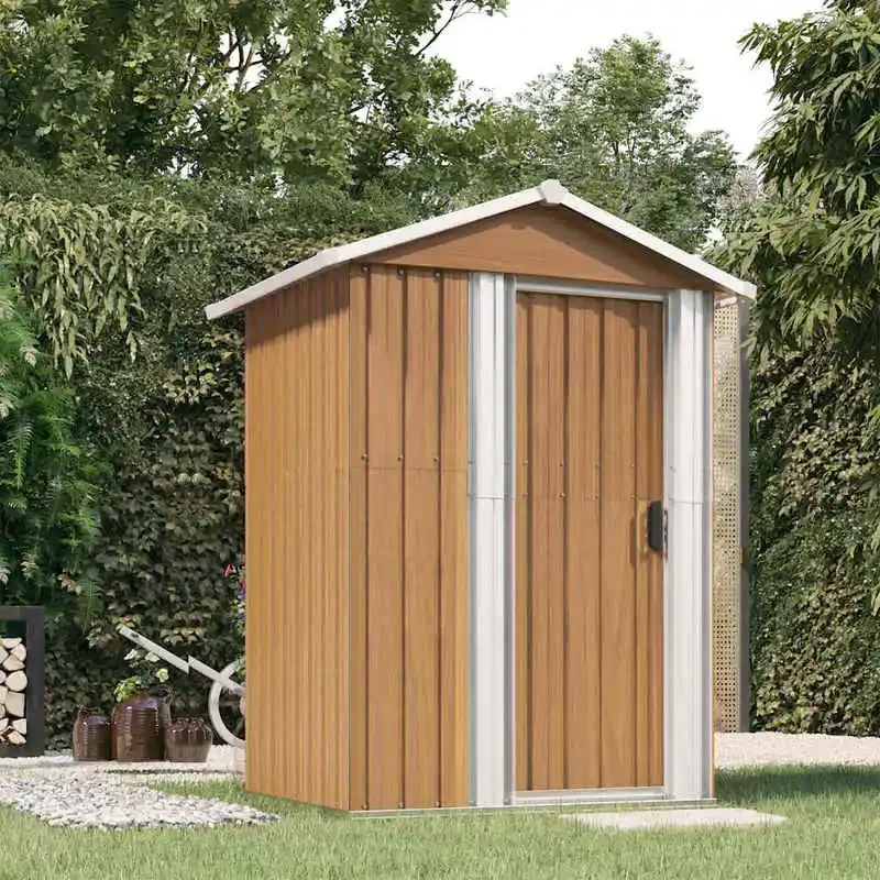 Abri de jardin en acier galvanisé, marron, 126 x 97,5 x 177 cm, abri à outils extérieur pour jardin, construction durable, montage facile, solution de rangement spacieuse pour équipement de jardinage,