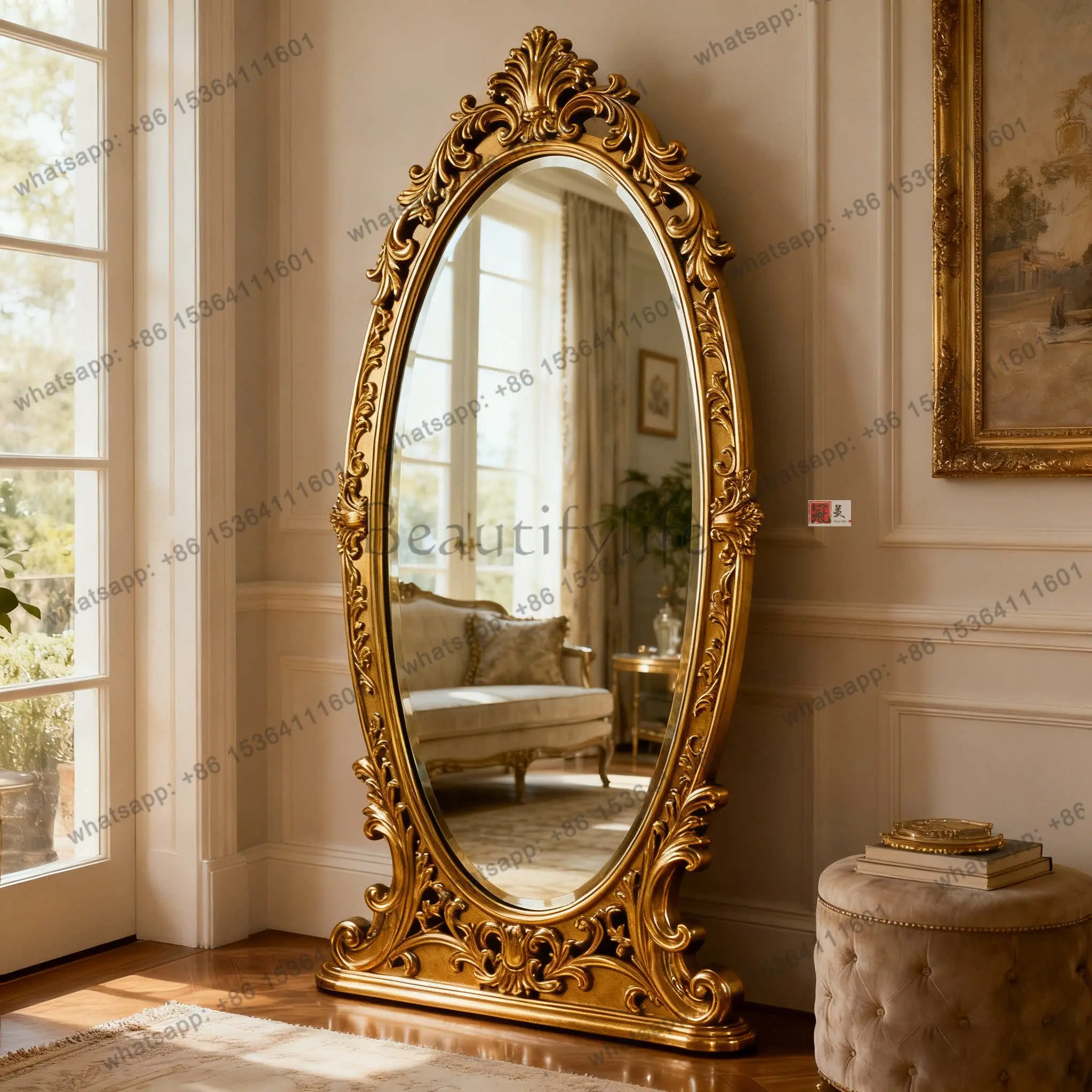 Französischer Spiegel, Ganzkörperspiegel, handgefertigt, amerikanischer Retro-Stil, bodenlanger, geschnitzter Ganzkörperspiegel Image
